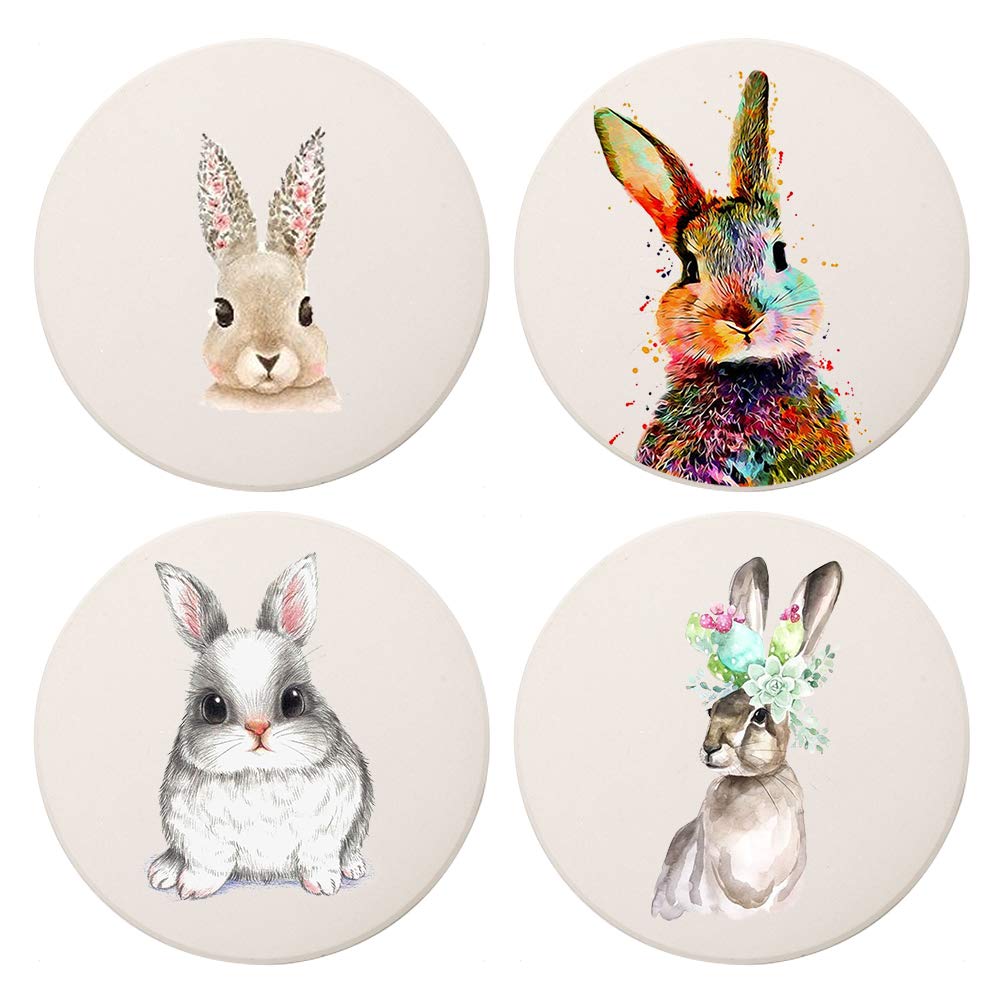 MAYCARI Watercolor Rabbit Coasters Set of 4 with Cork Base Protection