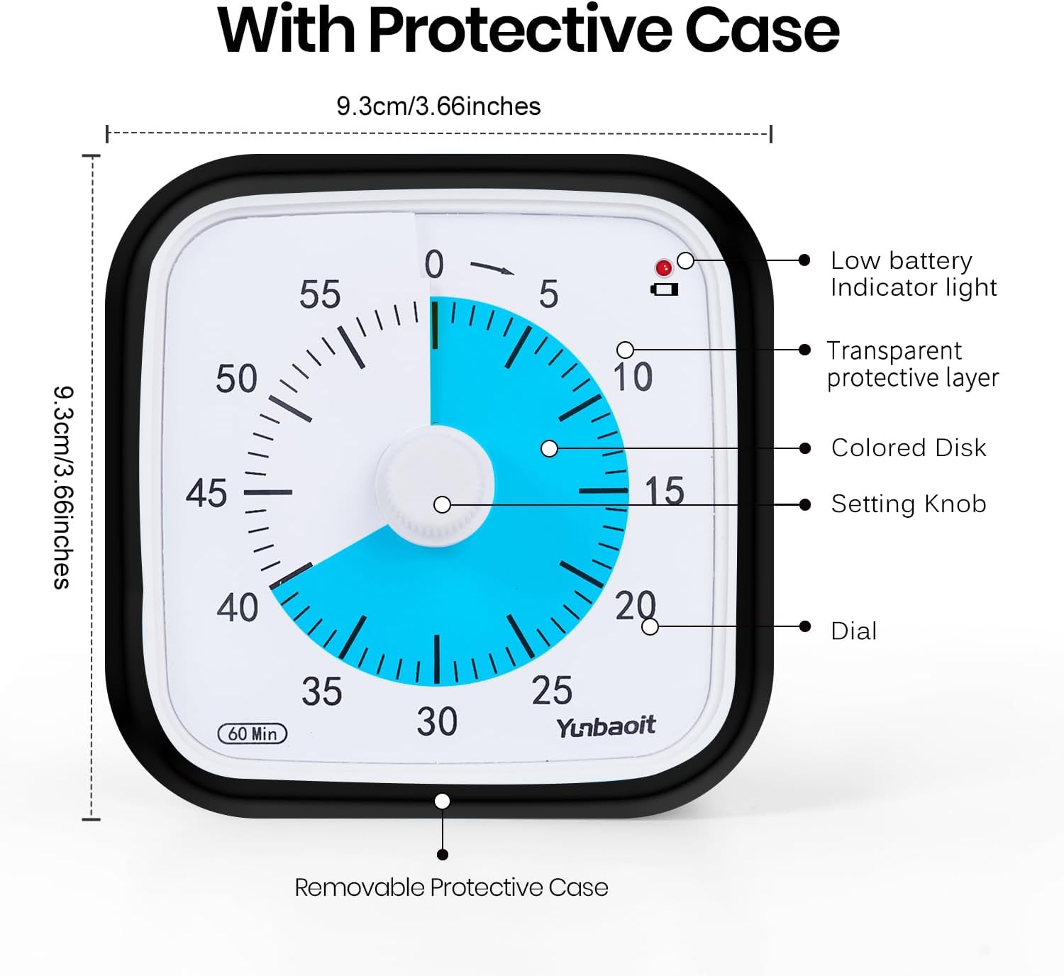 Diagram of Yunbaoit Visual Timer with labeled parts and dimensions