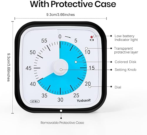 Miniatura 3 de Yunbaoit Temporizador visual mejorado con funda protectora, temporizador de cuenta regresiva silencioso de 60 minutos para niños y adultos (amarillo)