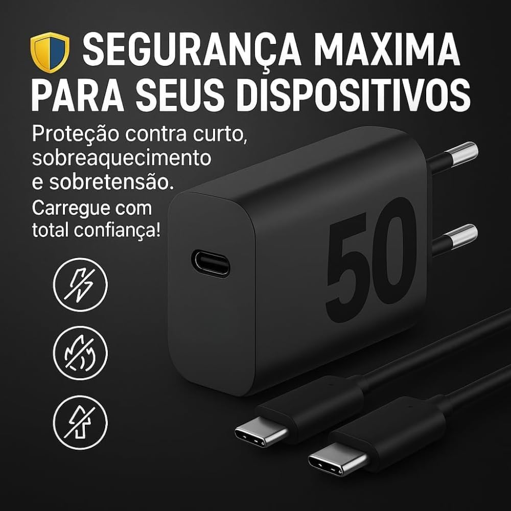Carregador Premium Fast Turbo Rápido 50W Tipo C USB-C Power Delivery Quick Charge Bivolt Com Cabo Compatível iPhone 15, 16, Android Entrada Tipo C Carga Ultra Rápida Tomada Celular Original