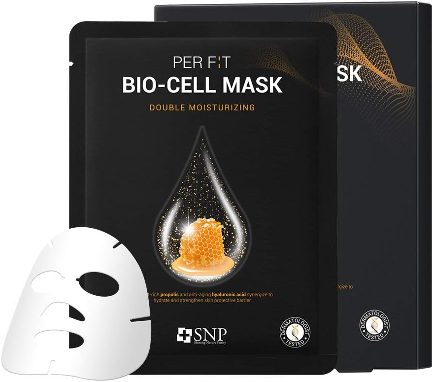 SNP - Perfit Bio-Cell Double Moisturizing Korean Face Sheet Mask - Maximium Hydration & Protection for All Dry Skin Types - 5 Sheets - Best Gift Idea for Mom, Girlfriend, Wife, Her, Women