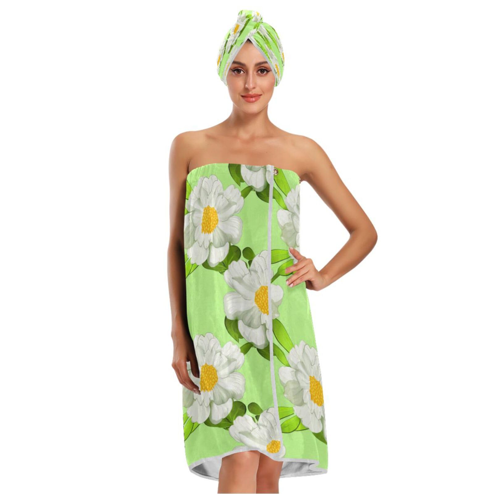 Bulletgxll White Flowers Women's Shower Wrap Towel Set of 3 Adjustable Spa Body Wrap Super Absorbent Bathrobe with Hair Towel & Headband