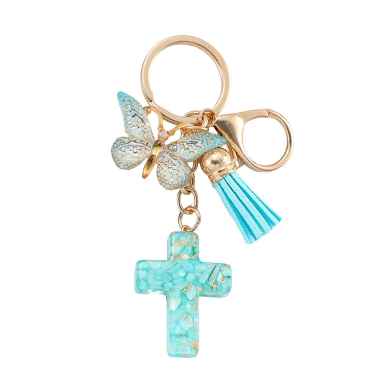 Xjdzineq Resins Crosses and Butterfly Keychain with Tassels for Religious Believers Backpack Bag Charm Keyring Keychain Ornament