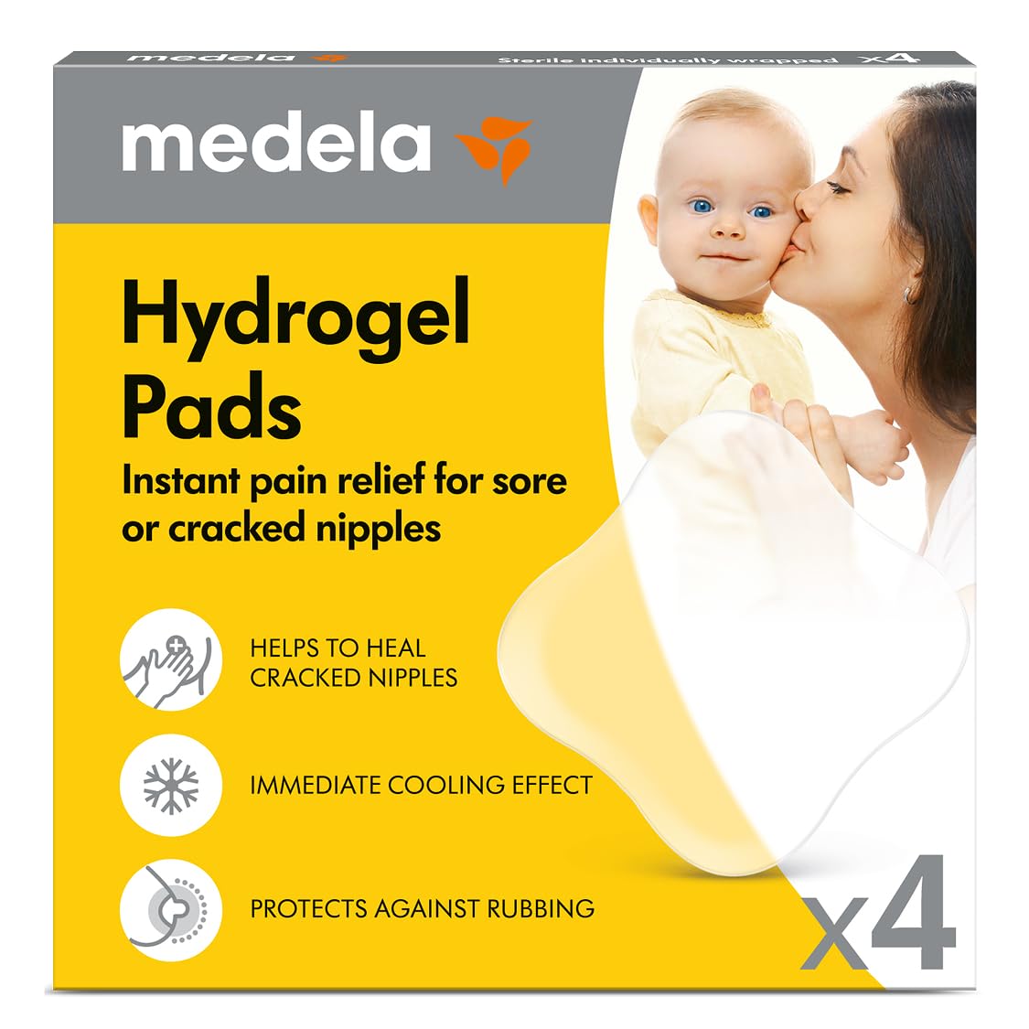 Medela Hydrogel Pads, Pain Relief and Cooling for Sore or Cracked Nipples Sterile, Individually Wrapped, Pack of 4