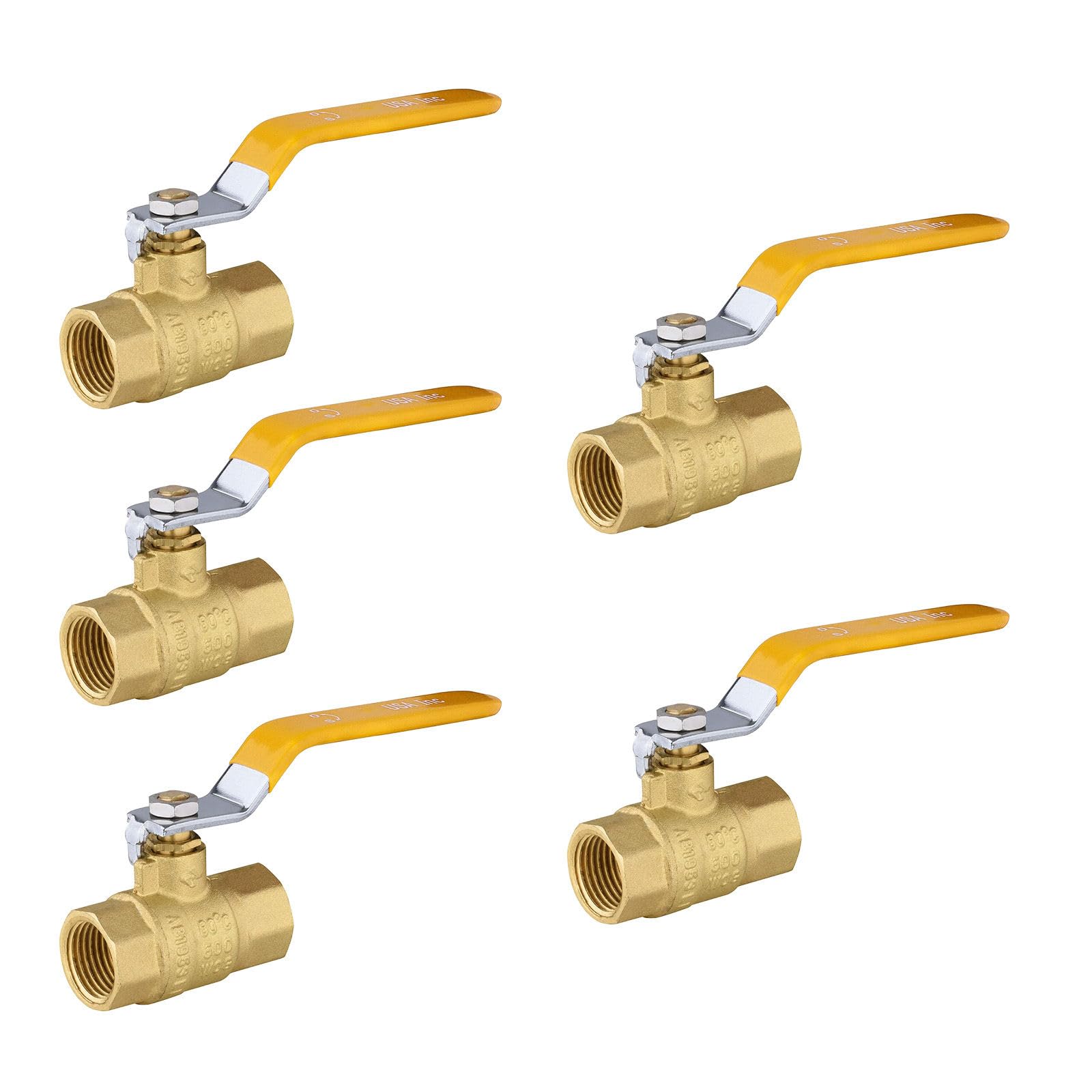 - 1/2" Ball Valve FIP Threaded, 5 Pack Shut Off Valves Yellow, Forged Brass Full Port Shut Off Ball Valve With FNPT Connector, 150 PSI WSP/600 WOG