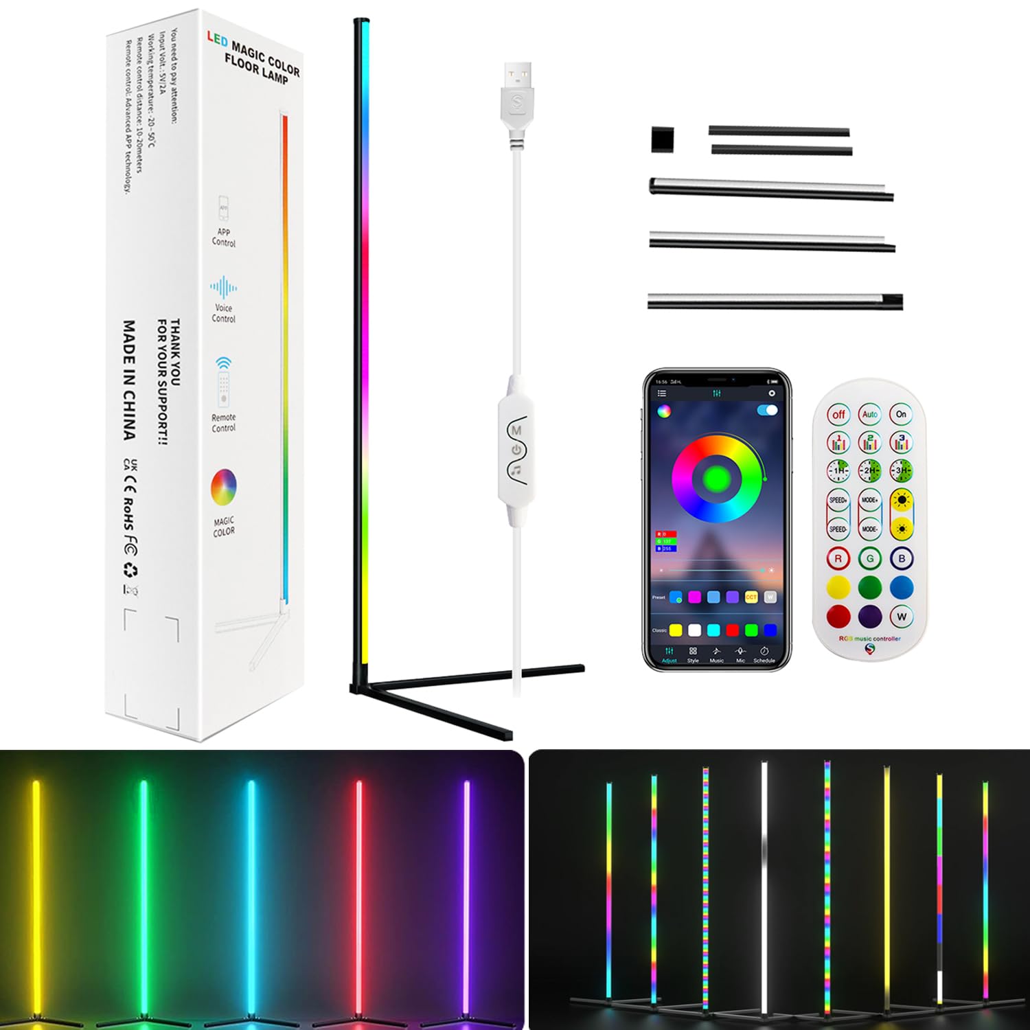 MB® RGBIC LED Corner Floor Lamp 1.4 m – Music Sync, App & Remote Control التحكم– مصباح قائم بإضاءة RGB قابلة للتعتيم ومزاجية – Dimmable Ambient Mood Light for Living Room, Bedroom, Gaming & Home Décor
