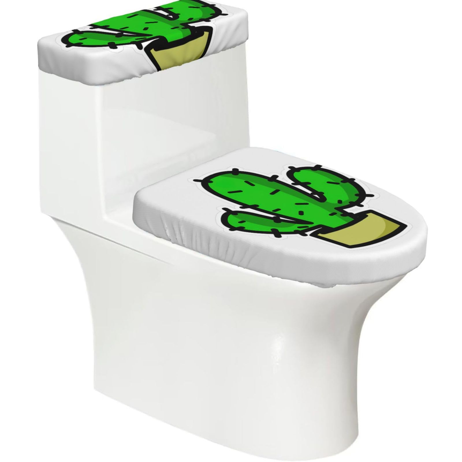 Cactus Print 2-Piece Stretch Toilet Cover Set, Elastic Breathable Toilet Seat and Tank Lid Protector