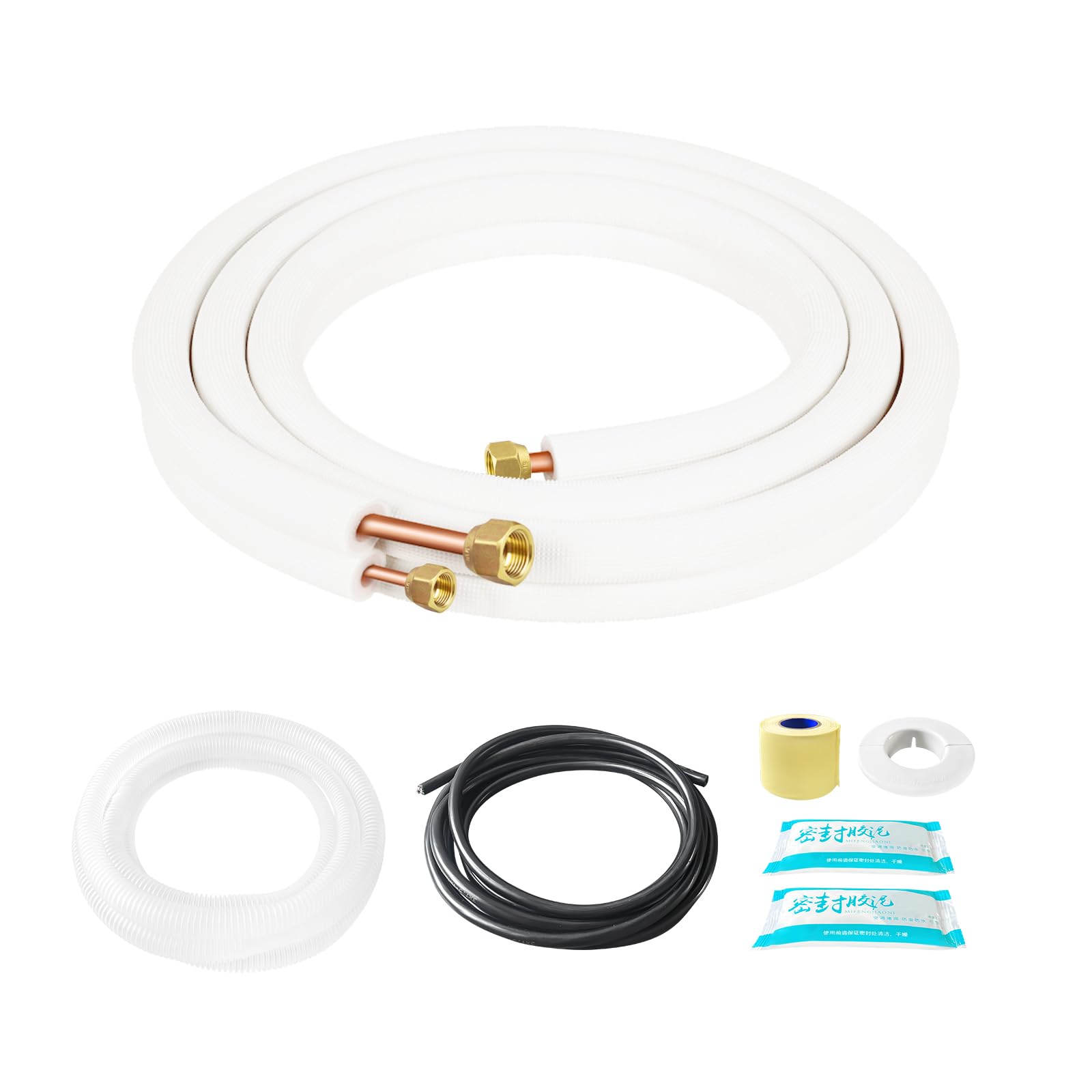 RUNZEG 10FT Mini Split Line Set 1/4" & 3/8" O.D Copper Pipes Tubing with Nuts & Installation Kit, 3/8" White Thickened PE Insulation Coil for Air Conditioning or Heating Pump Equipment & HVAC