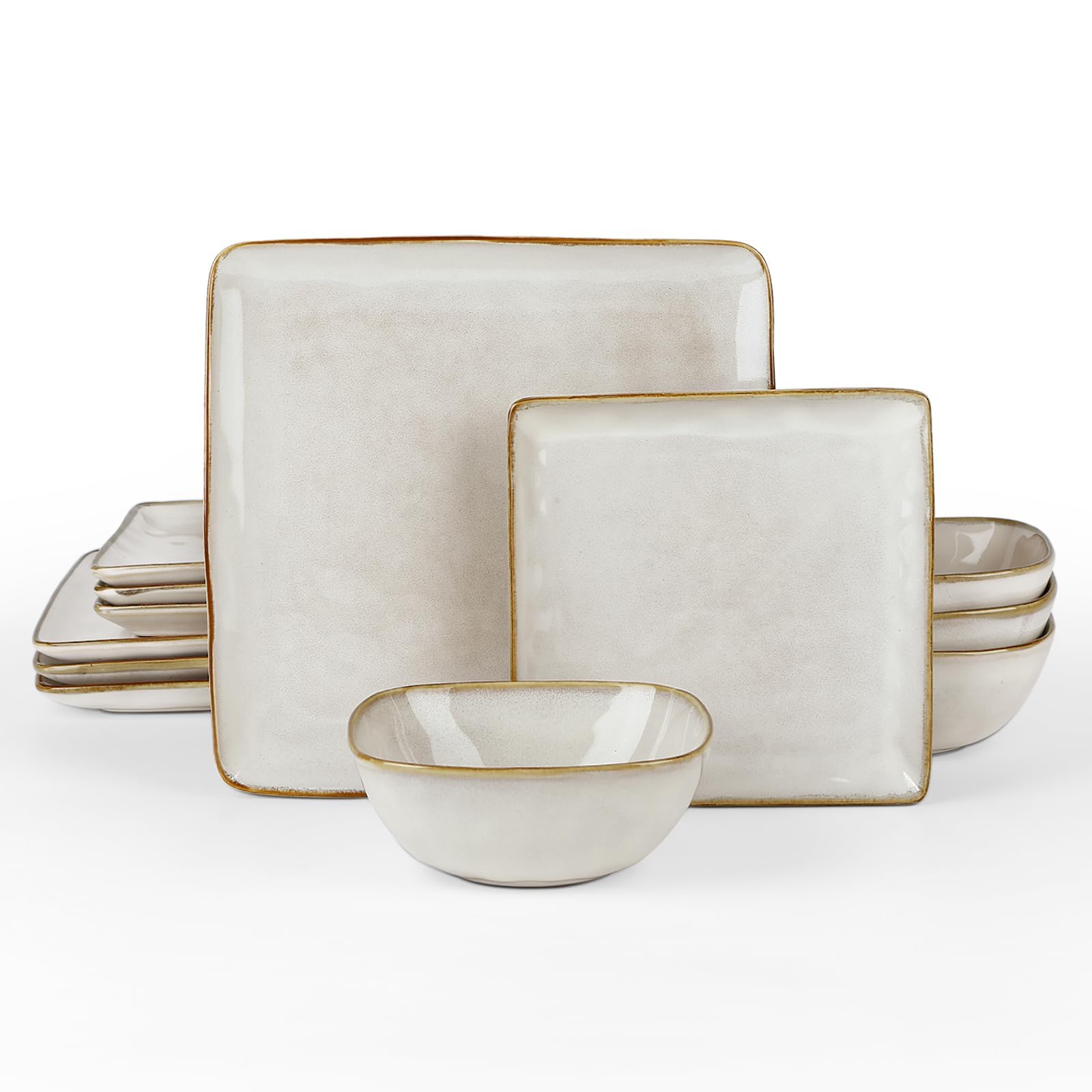 Richmount Ocean Square Plates and Bowls Set, 12-Piece Reactive Glaze Stoneware Dinner Set for 4, Dishwasher & Microwave Safe, Stylish & Durable Dinnerware Sets, Service for 4, Cappuccino White