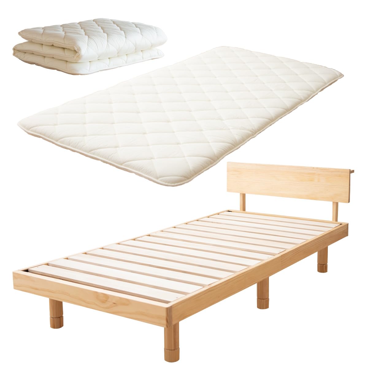 EMOOR Japanese Futon Mattress & Wood Durble Slatted Bed with Headboard Set Twin (Earth-Natural), Solid Pine Paulownia Height Adjustable Japanese Sleeping Bed