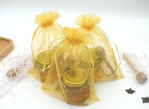 Vista 33 de Pote de miel, tarros de miel de vidrio, pequeños frascos de miel con cubos de madera, abalorios de abeja, bolsas de regalo doradas y tapas de yutes