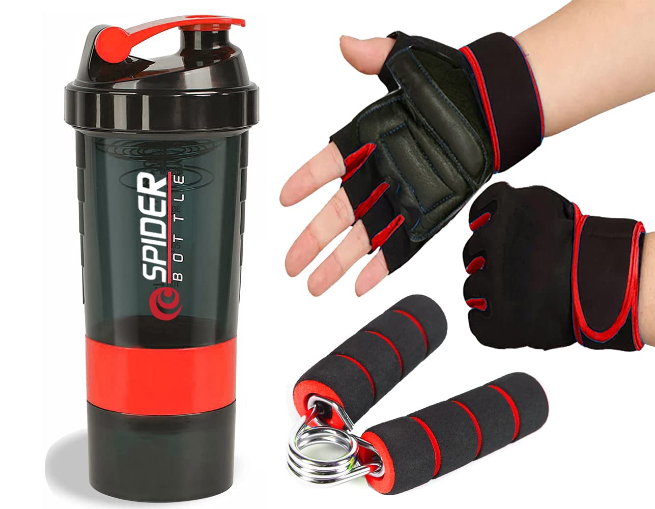 TRUE INDIAN Exclusive Gym Shaker With Mini Gripper and Gloves For Gym & Fitness Kit/Gym Shaker/Protine Shaker/Hand Grip/Sports Grip/Hand Gloves/weightlifting Gloves .(Pack Of 3) (RED) (B0BXYC4V1F) Amazon Price History, Amazon Price Tracker
