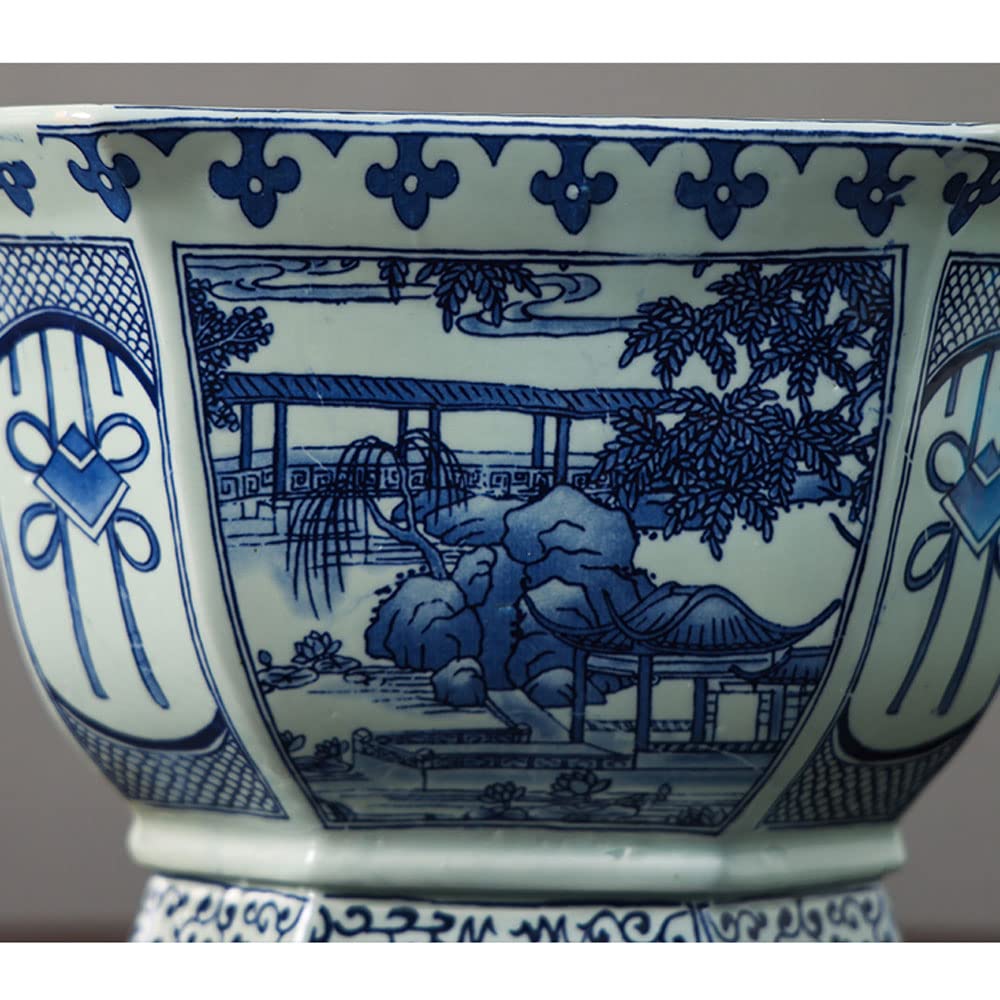 Ceramiczna doniczka, niebiesko-biała porcelana, zielona doniczka, antyczny wzór krajobrazu, zielone rośliny, doniczka, ogrodnictwo, rośliny doniczkowe, porcelana w donicz