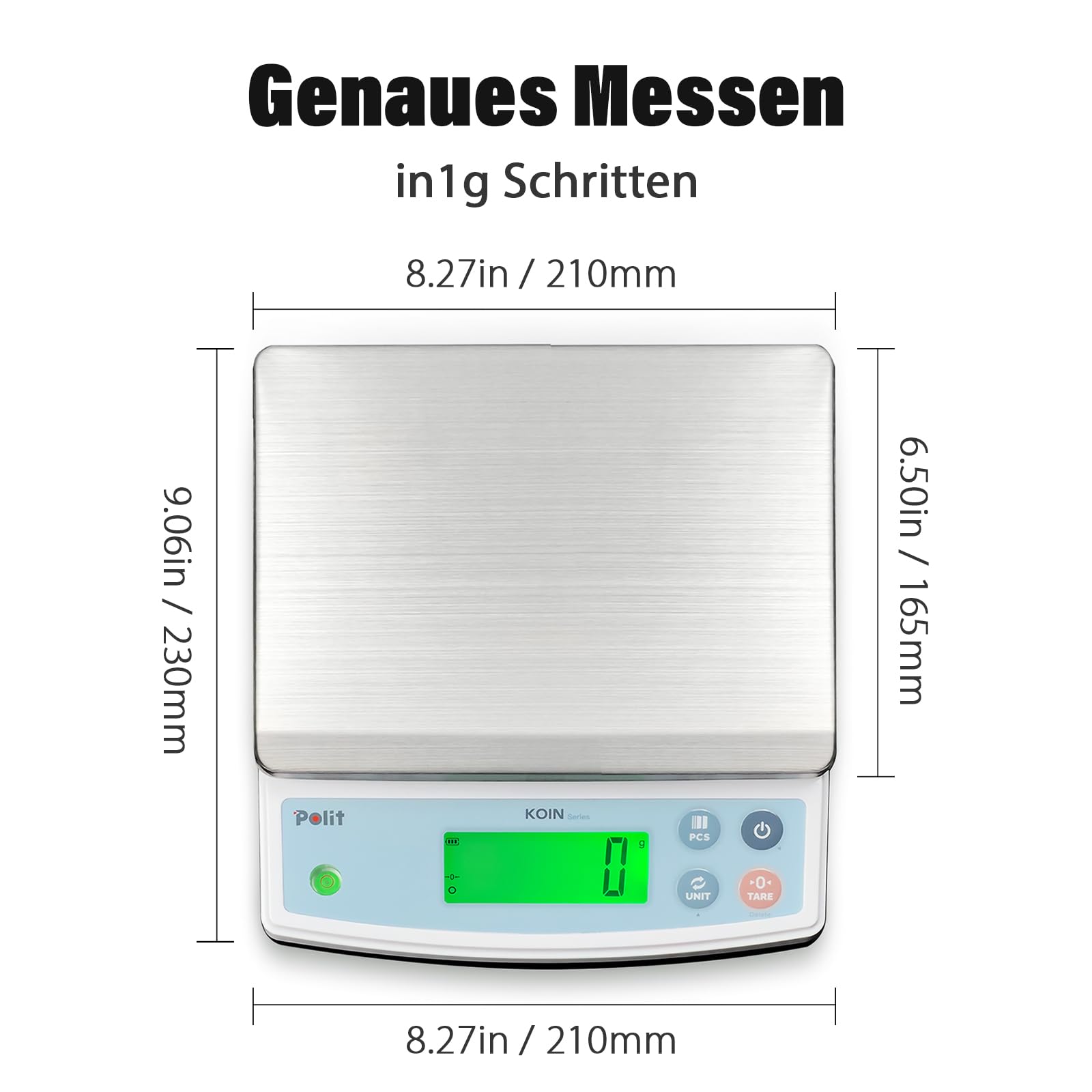Polit KOIN Digitale Küchen- & Paketwaage 18 kg, wiederaufladbar, 1 g genau | Abnehmbare Edelstahlschale, Dreifarbige Anzeige, Tara-Funktion, 5 Wiegeeinheiten, Für Backen, Marktstand & Gewerbe