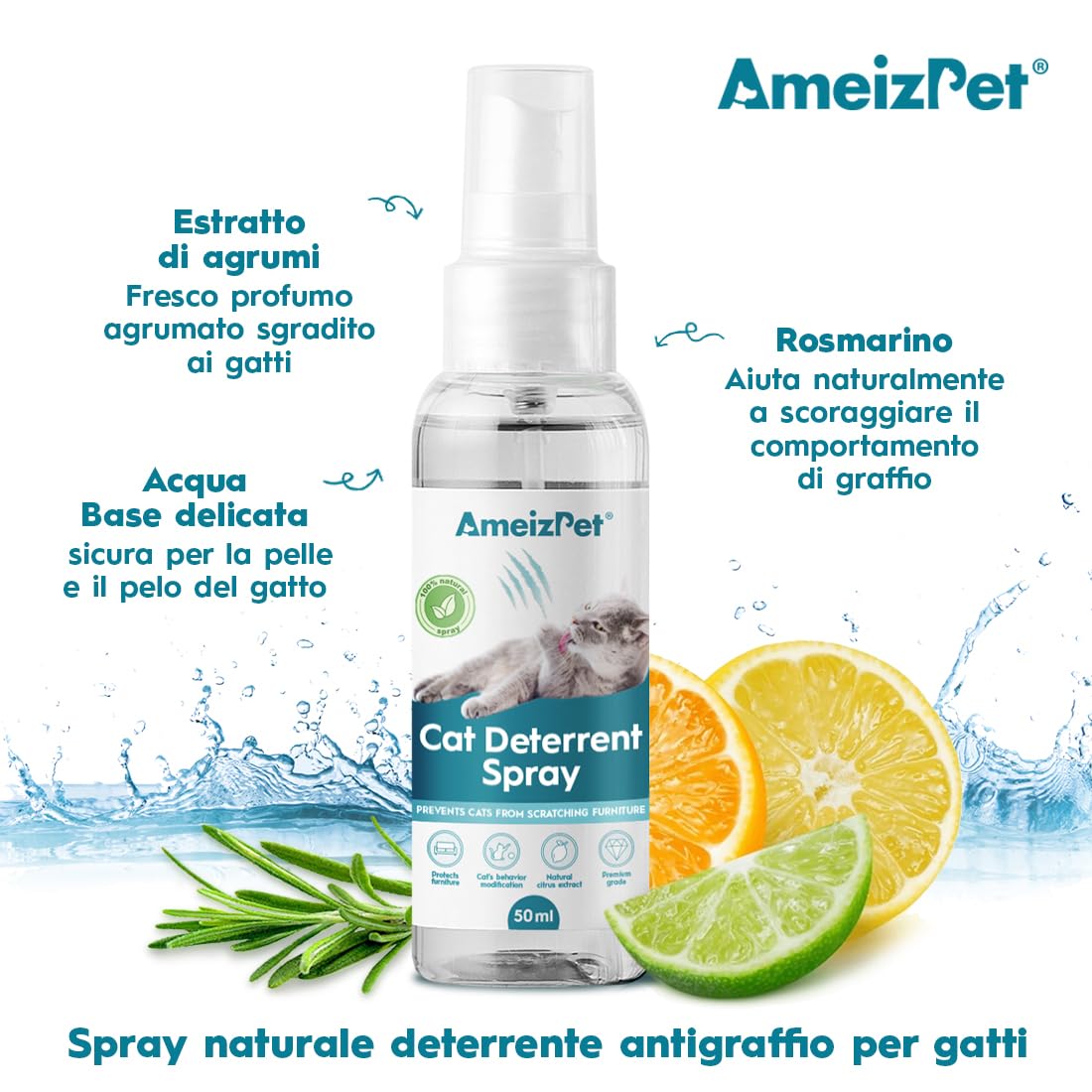 AmeizPet Spray Disabituante per Gatti, Repellente per Gatti, Smetti di Graffiare Mobili, Tappeti, Tende e Piante, Soluzione Sicura ed Efficace, Uso Interno & Esterno, 50 ml (1,69 FL oz)