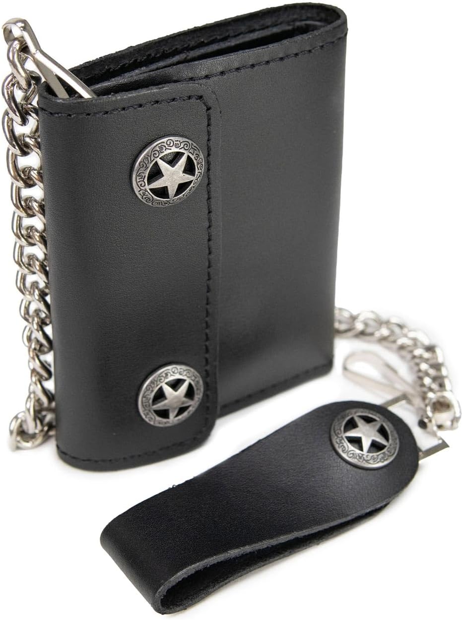 Milwaukee Leather MLW7865 Men's 7" Black Soft Premium Cowhide Leather Tri Fold Wallet w/Anti-Theft Stainless Steel Chain