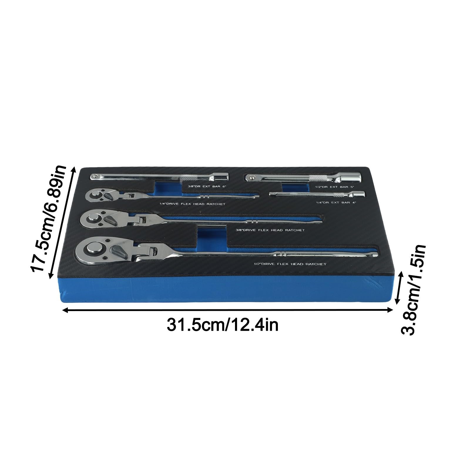 Set di 6 chiavi a cricchetto con testa a 72 denti, 1/4", 3/8", 1/2"
