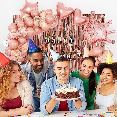 Image of Rozi Decoration Rose Gold Birthday Decoration Set | 55 Pcs Combo with Wine Bottle Theme Happy Birthday Banner, Crown Foil Balloon, Metallic & Confetti Balloons, Foil Curtain for Adults Party Decor