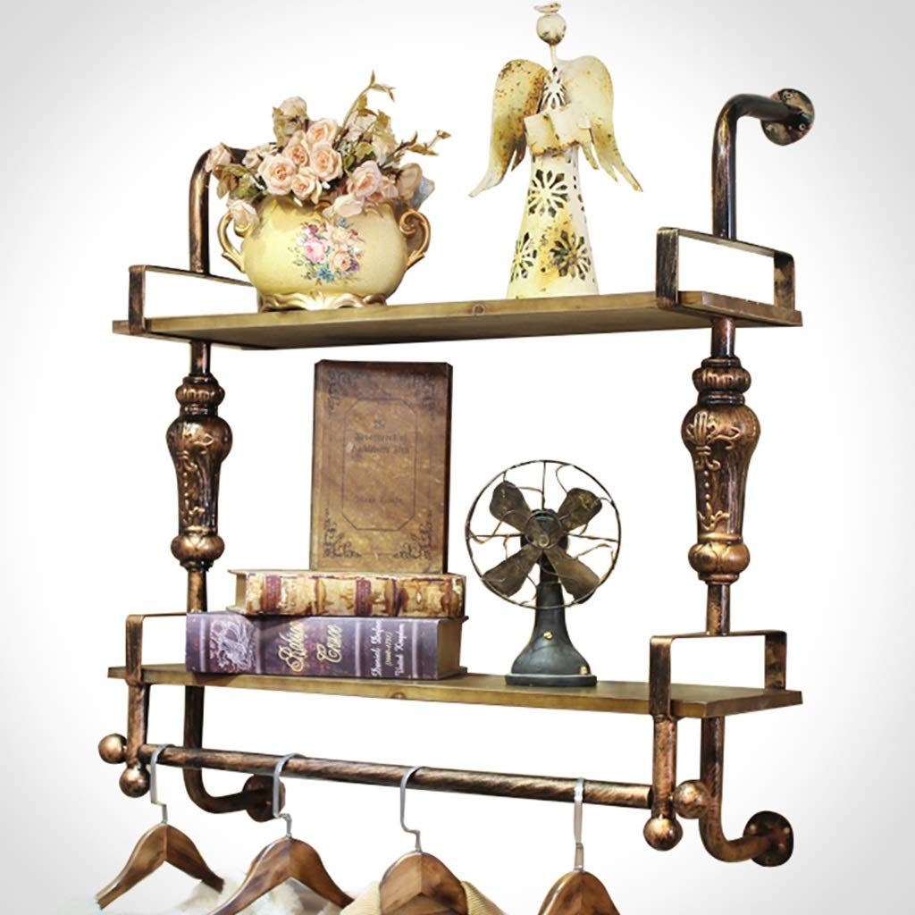 HPTHLY Retro Iron And Wood Wall Shelves With Clothes Rod Multipurpose Clothes Display Rack For Clothing Store Garment Rack (80X90Cm)