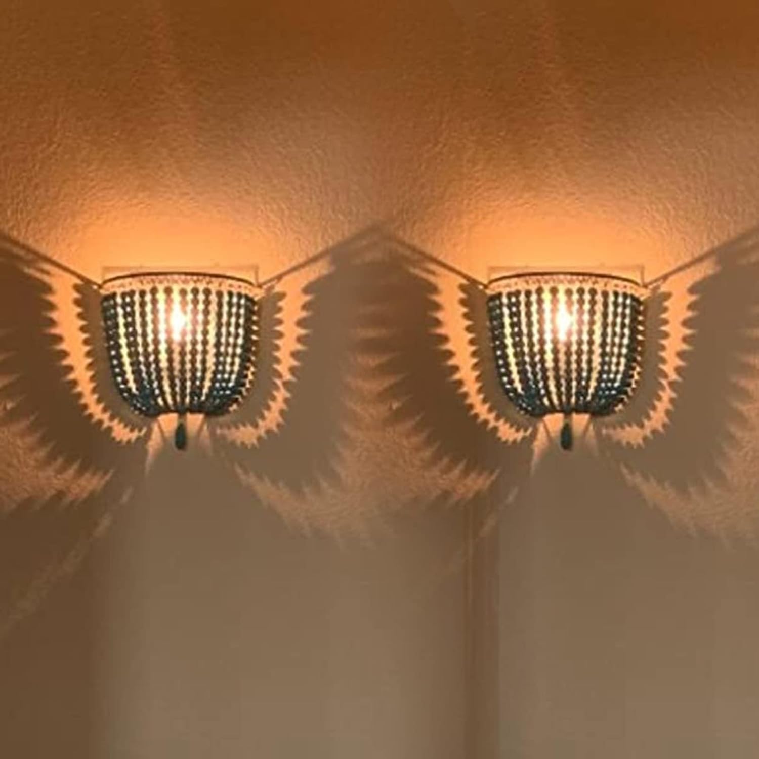 Newrays Vintage Wood Bead Wall Lamp Gray White Finishing Retro Antique with Hard Wired for Bedroom Fixtures