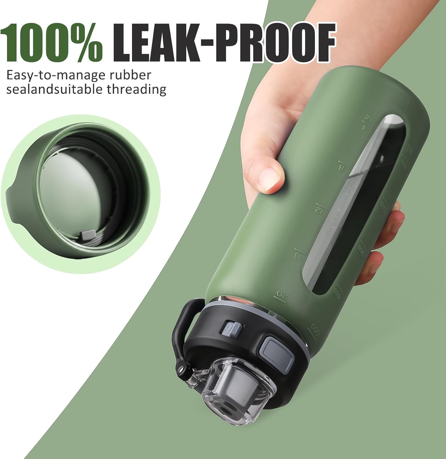 Kodrine 20oz Glass Water Bottle with Straw-2 Lids for Easy Carry with Handle, Silicone Sleeve & Time Marker, Reusable Glass Drinking Bottle for Home,Office,Outdoors, Cupholder Friendly-Olive - Image 5