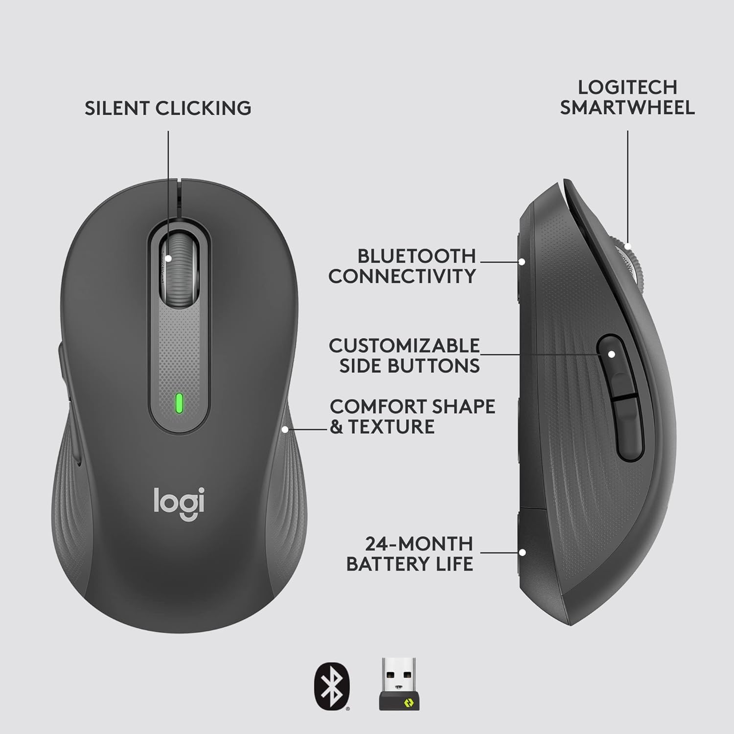 Diagram of the Logitech M650 mouse pointing out its features