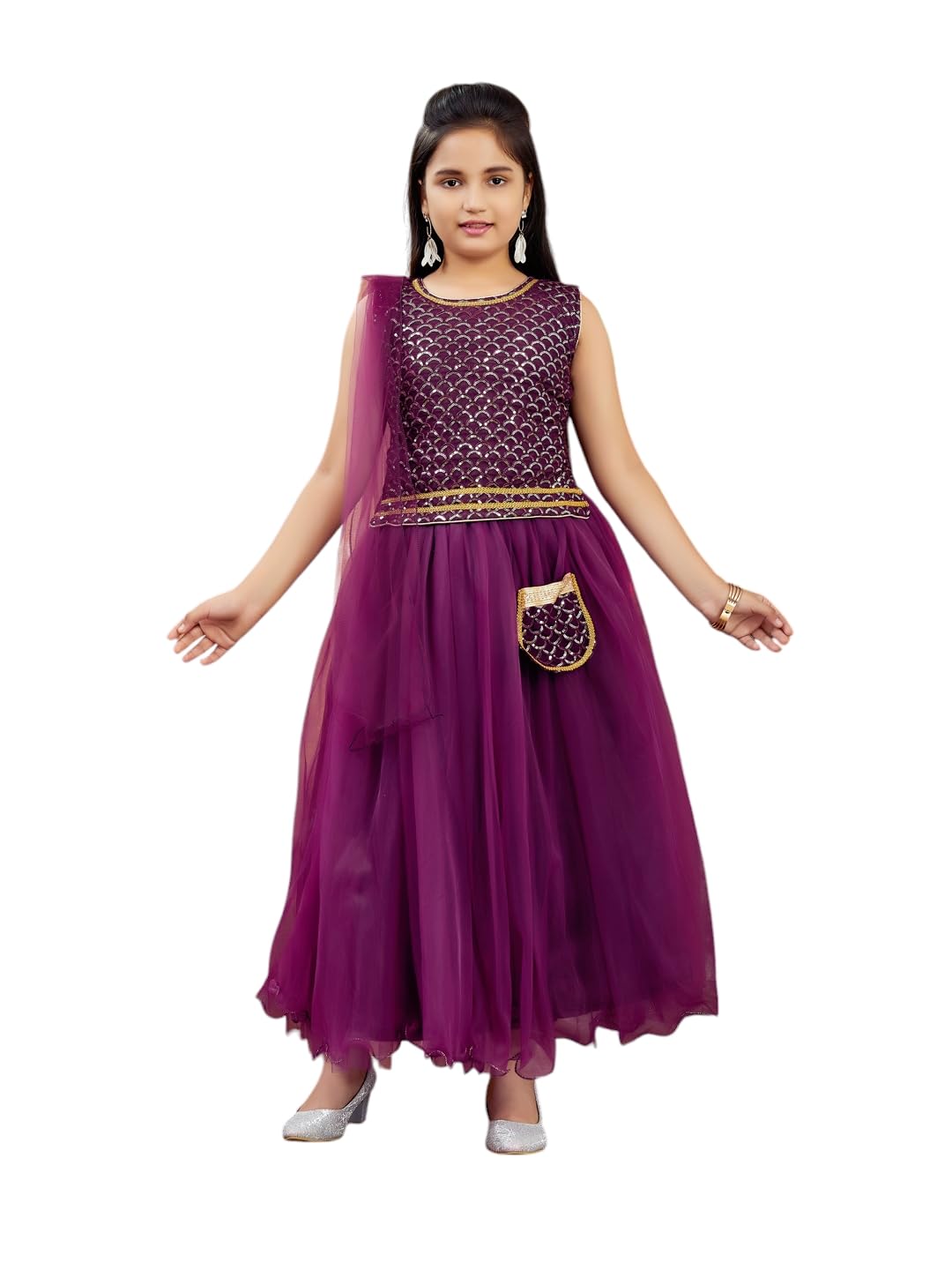 Aarika Girls Ethnic Wear Purple Colour Sequin Embroidery Georgette Lehenga Choli Set Attached Bag (4-10 Years)