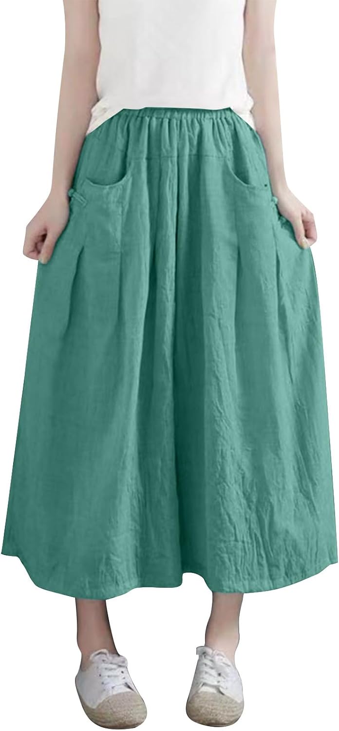 Womens Cotton Linen Shorts Fashion Casual Skirt Capri Culottes Flowy Loose Wide Leg Palazzo Lounge Pants with Pockets