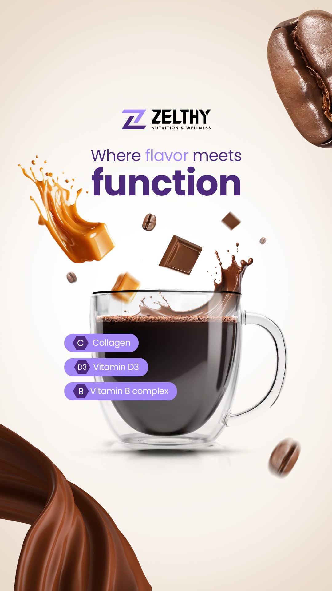 Zelthy Nutrition Bullet Coffee – Caffè funzionale con MCT, collagene e taurina – 300 g polvere senza zuccheri (Caramello salato)