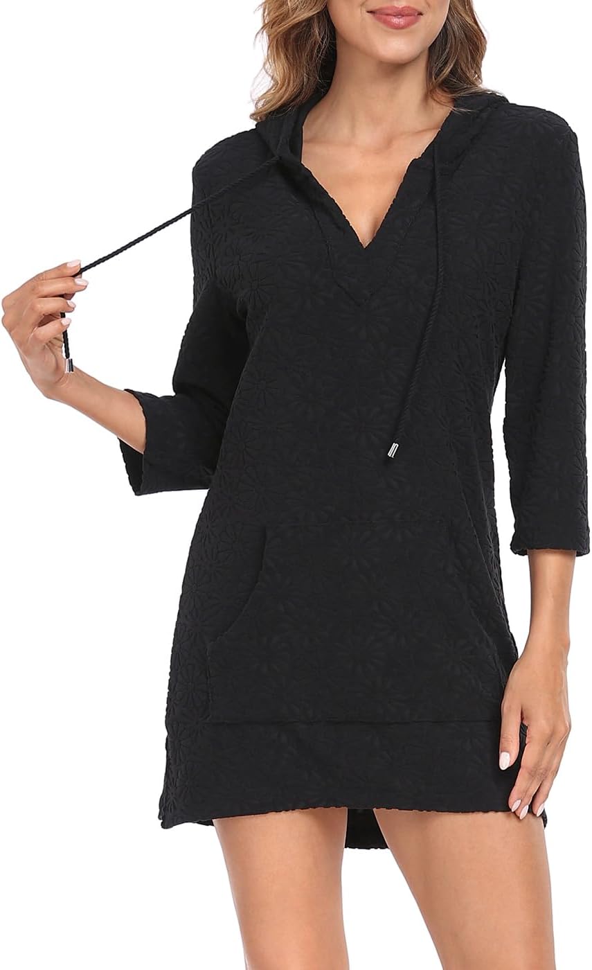 HDE Women's Terry Cloth Beach Cover Up Tunic Dress Swimsuit Coverup with Hood - Image 5