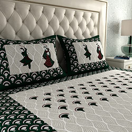Image of La Verne104 TC 100% Cotton Jaipuri Rjasathani Hand Print Bedsheet with 2 Pillow Covers (Green)