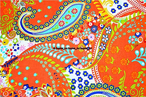 Image of Indian Hand-Block Printed Jaipuri Print Tropical Paisley Floral Ethnic Sanganer Kurti Print Cotton Fabric (Orange Paisley, 20 Yards)