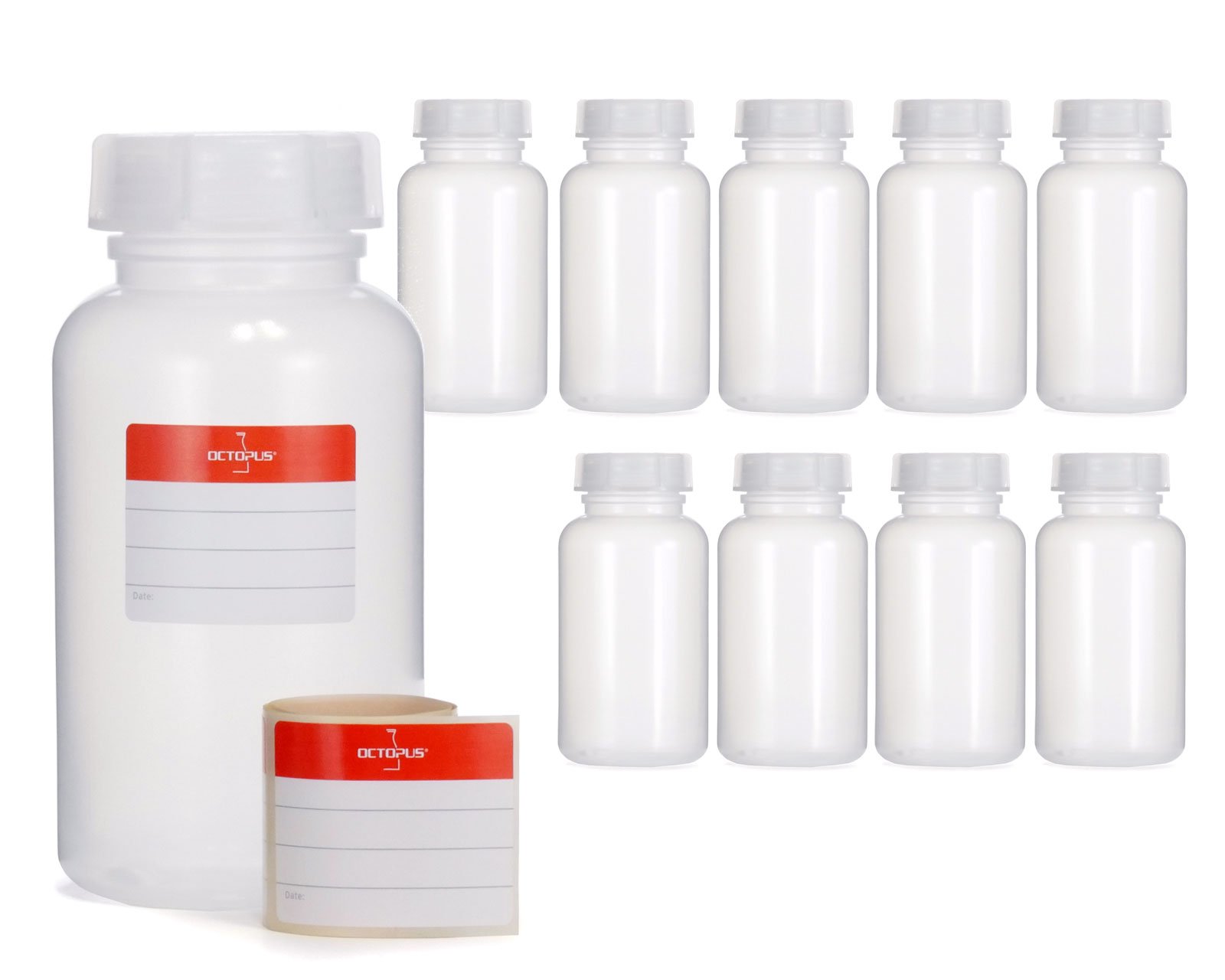 Octopus 10x 500 ml LDPE Wide-Mouth Bottles with Screw Caps - Empty Chemical & Laboratory Storage Containers for Kitchen or Hobby