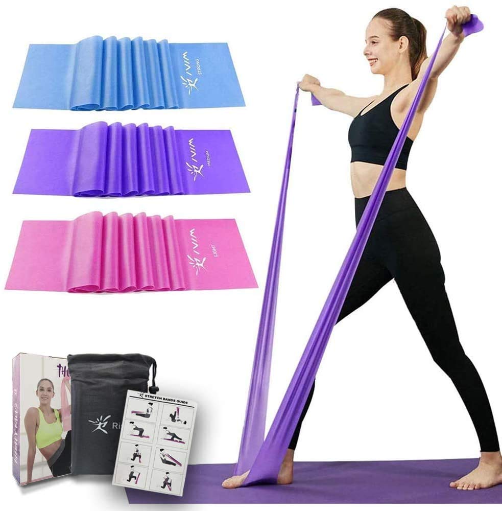 Therapy Flat Resistance Bands Set, Latex Free Flat Exercise Stretch Bands for Stretching, Flexibility, Pilates, Yoga, Ballet, Gymnastics and Rehabilitation Pin, Purple, Blue (3 Packs, 4.9FT Long)