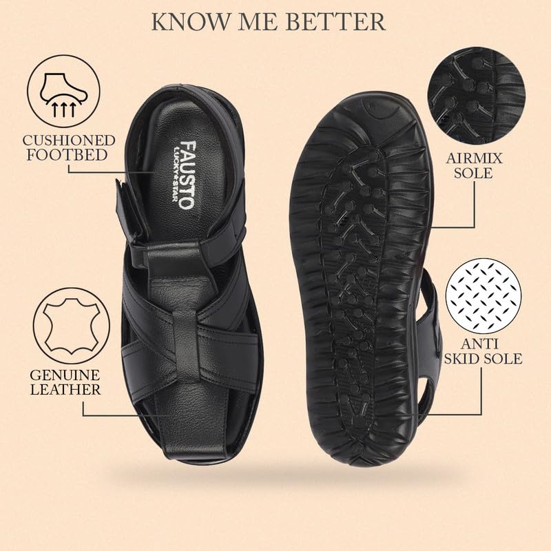 FAUSTO FST FOSMS-2060 BLACK-42 Men's Black Genuine Leather Hook & Loop Closed Toe Fisherman Roman Sandals (8 UK) 1