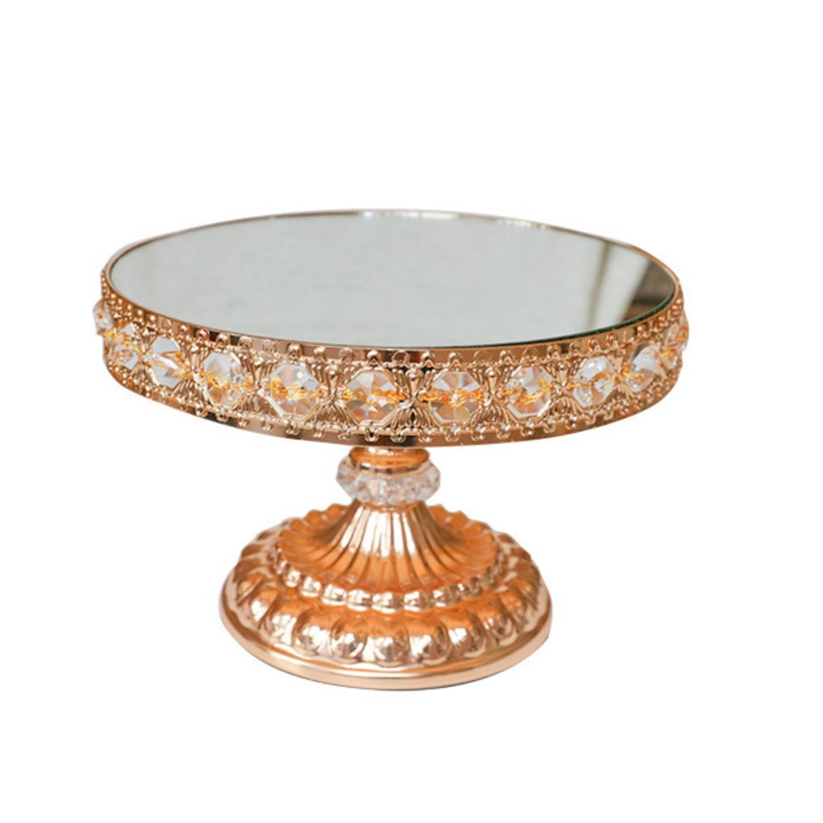 MagiDeal Mirrored Dessert Stand Alzata Torta Specchio Vassoio Pasticceria Piedistallo Metallo con Bordo Luminoso E Colonna Scanalata Materiali Ferro Vetro , Oro , Piccolo