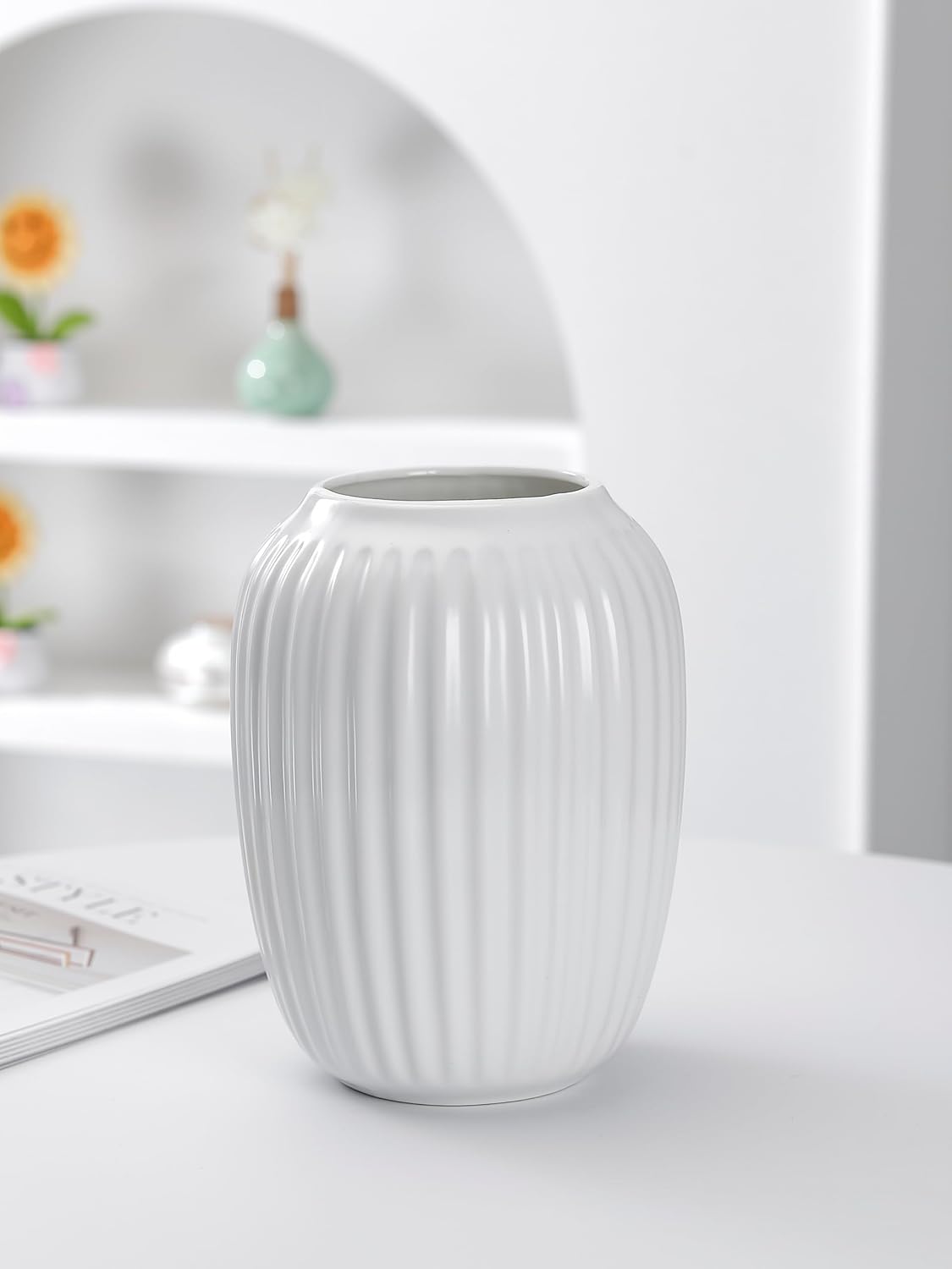 White Ceramic Flower Vase,Textured Modern,Minimalist Floral, for Table, Mantel, Bookshelf,Kitchen Counter and Entrance Decoration (8 inch) - Image 6