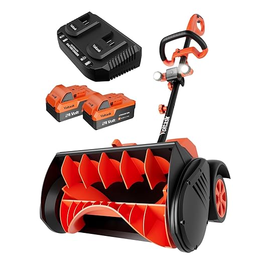 VOLTASK Cordless Snow Shovel with Wheels, 48V | 16-Inch | 4-Ah Brushless Cordless Snow Blower, Battery Snow Blower with Directional Plate & LED Lights (2 * 24V Battery & Dual Quick Charger Included)
