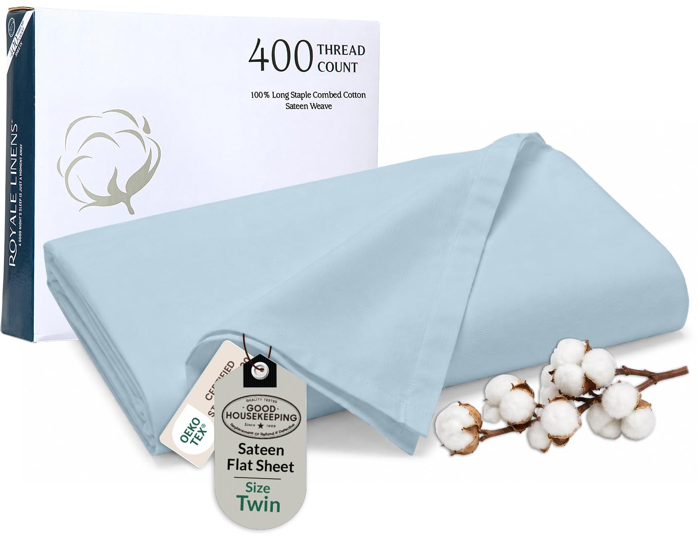 Royale Linens Twin Flat Sheet Only, Luxury Breathable Sateen Weave 100% Cotton Flat Sheets, Ultra Soft Single Flat Sheets Only Sold Separately, Cooling Top Sheet (Caribbean Blue-66x96)