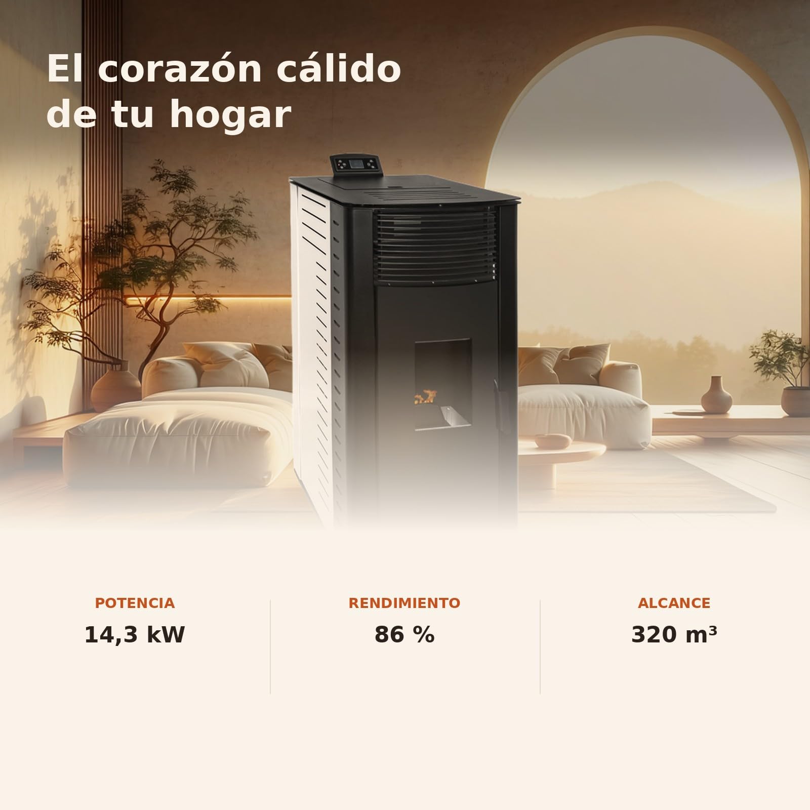 EIDER BIOMASA Estufa Pellets Canalizada GYDA – 14,95 kW – La Mayor Potencia – Hasta 340 m³ – Multiestancia – Tolva 15 kg – Programable – Clase A+