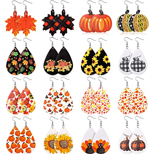 Hicarer 16 Pairs Thanksgiving Fall Faux Leather Earrings for Women Thanksgiving Autumn Earrings Jewelry Pumpkin Turkey Maple Leaf Sunflower Teardrop Lightweight Dangle for Halloween(Cute Style)