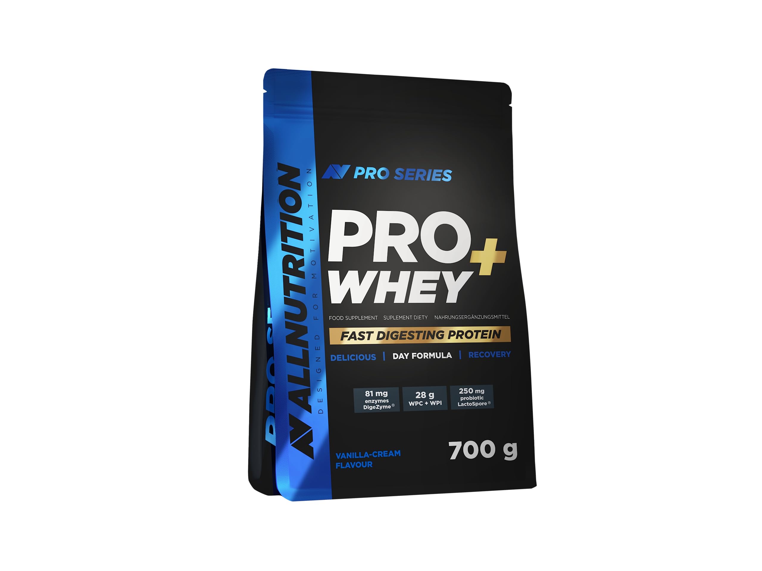 ALLNUTRITION PRO WHEY+ Izolat Białka Serwatki w Proszku - Wysoka Dawka Białka 23 g/30 g - Bardzo Dobra Rozpuszczalność - Kompleks Enzymów Trawiennych i Probiotyków - 700g - Krem Waniliowy