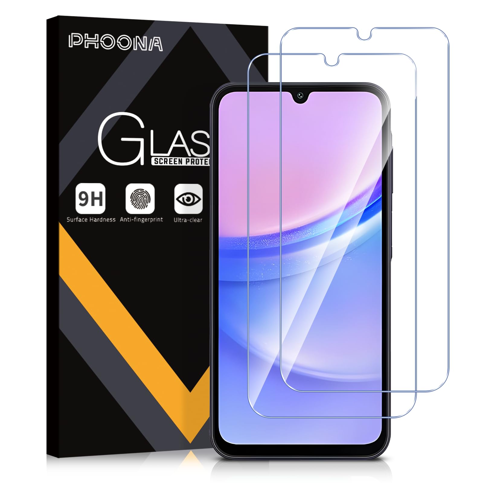 Phoona Vetro Temperato per Samsung Galaxy A15 4G/5G, 2 Pezzi Pellicola Protettiva per Samsung A15, Durezza 9H, Anti Graffio, Anti-Impronte, Senza Bolle(6,5 pollici)