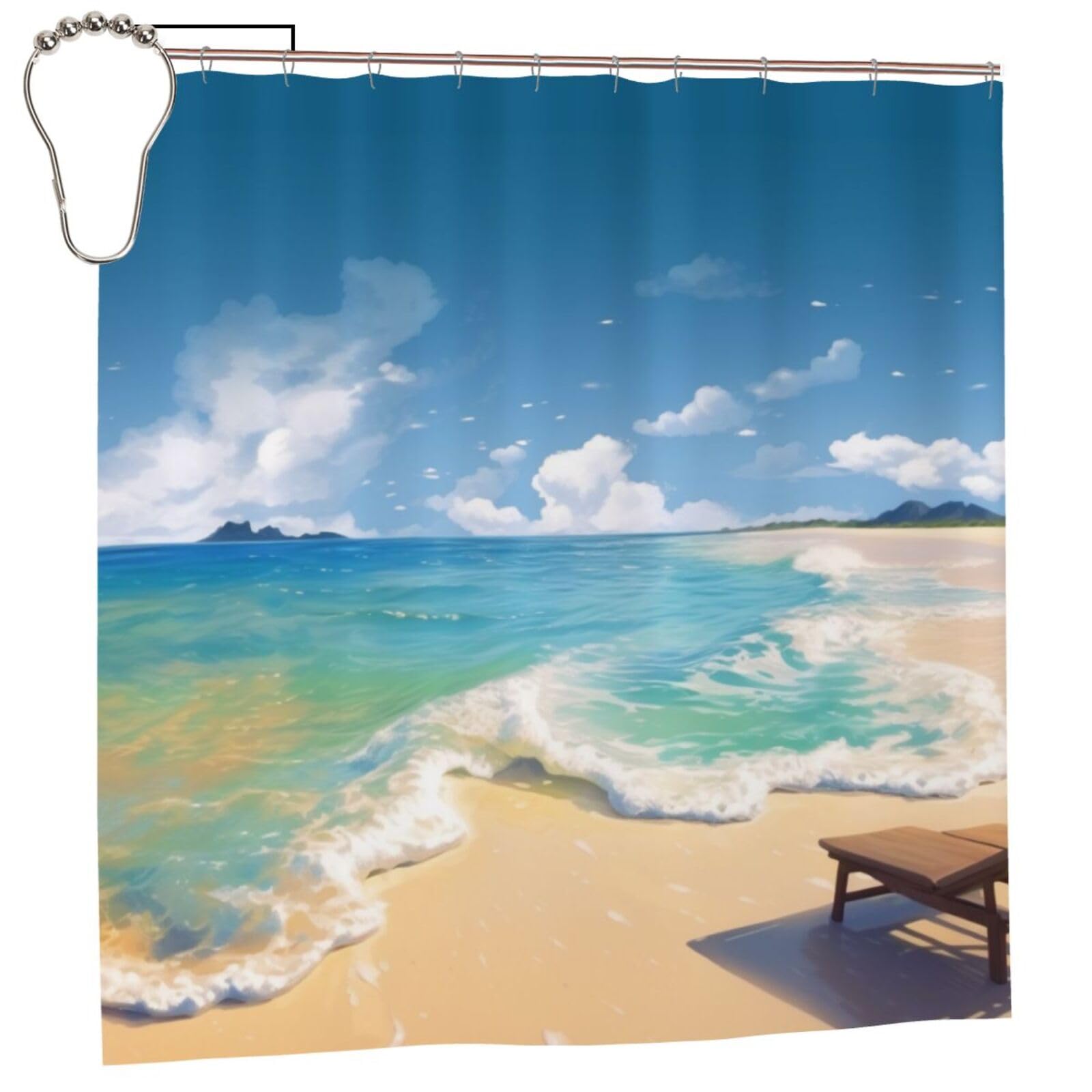 BWWHCCTI summer sea Printed Shower Curtain With 12 Iron Hooks Opaque Quick Drying Waterproof Shower Curtains Sets For Bathroom 183x183 CM