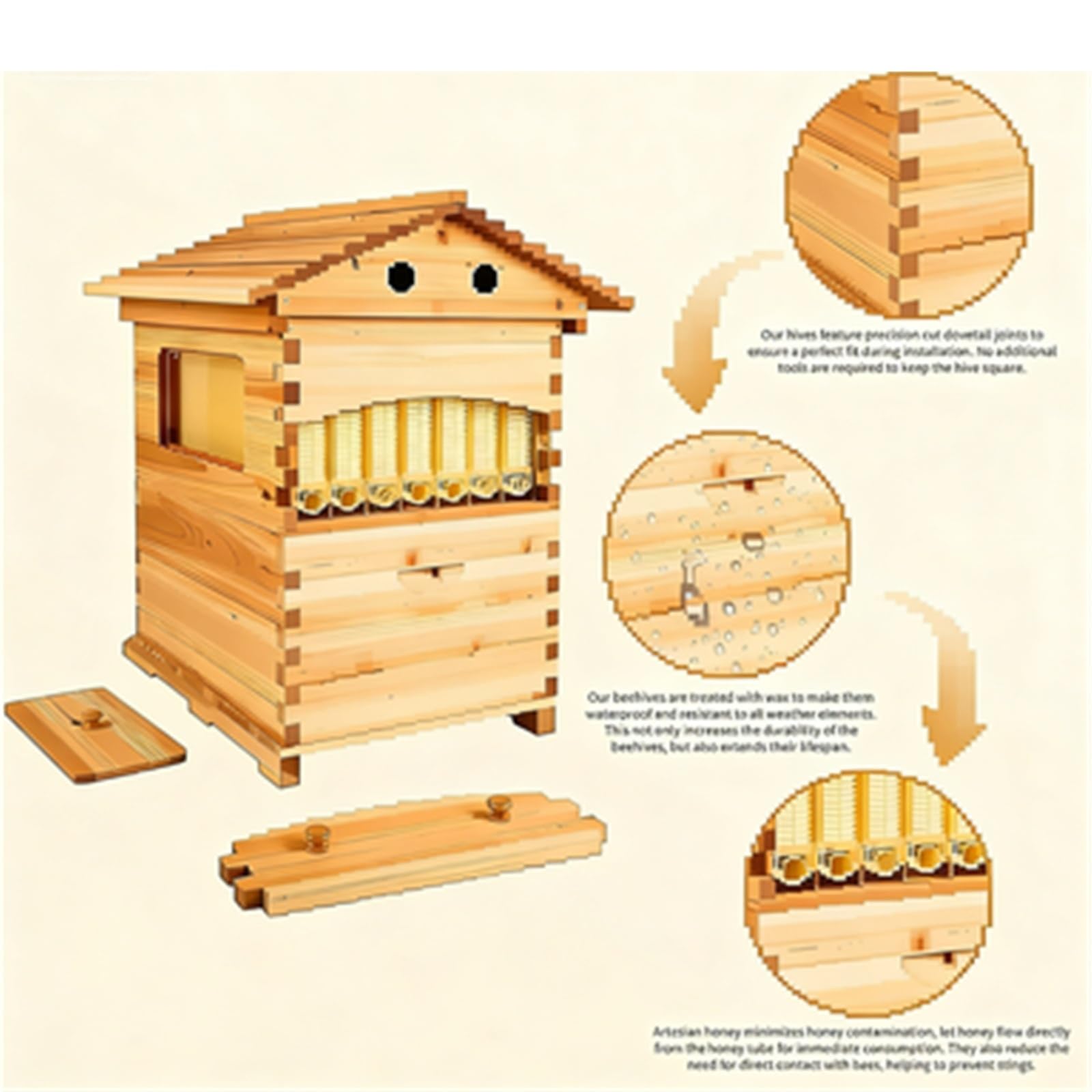 Beehive Starter Kit - Casetta automatica in legno per alveare con telaio per apicoltura, include 7 pettini rivestiti in cera e forniture essenziali