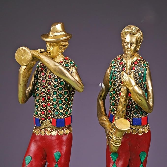 Joyful - Set musicale in ottone con lavorazione in pietra, collezione di idoli musicisti, 5 pezzi, regalo di nozze, set musicista in ottone, 28 cm, set di musicisti tribali