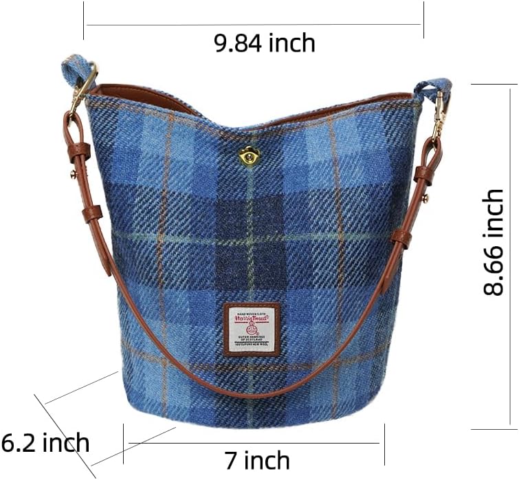 Harris Tweed Bucket bag Shoulder bag Handbag for Women with Microfiber-leather Strap,9.8 * 8.6 * 7 inch - Image 4