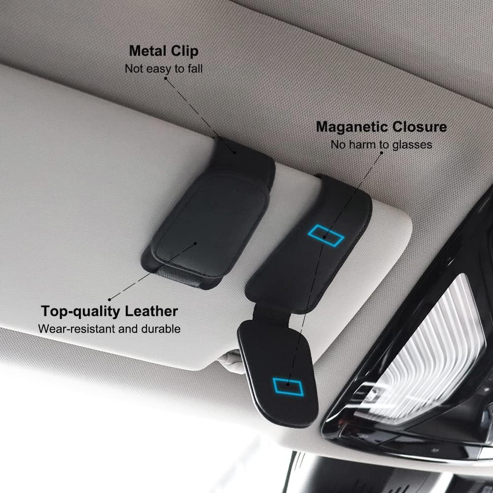 SUNCARACCL 2 PCS Sunglass Holder for Car Visor, Magnetic Leather Eyeglass Hanger Clip for Car, Suitable for Different Size Eyeglasses, Car Visor Accessories (Black)