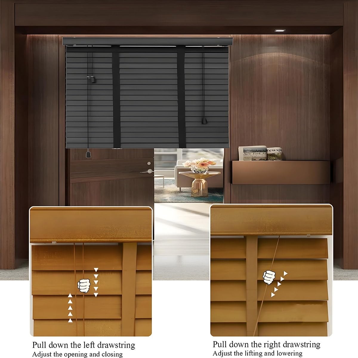 Faux Wood Home Window Blinds 2 inch Cordless 34x60 35x60 30x72 34x72 32x48, Bedroom Wood Window Shades, Indoor Natural Solid Window Blinds for Office Interior Door Blackout Privacy(Black)