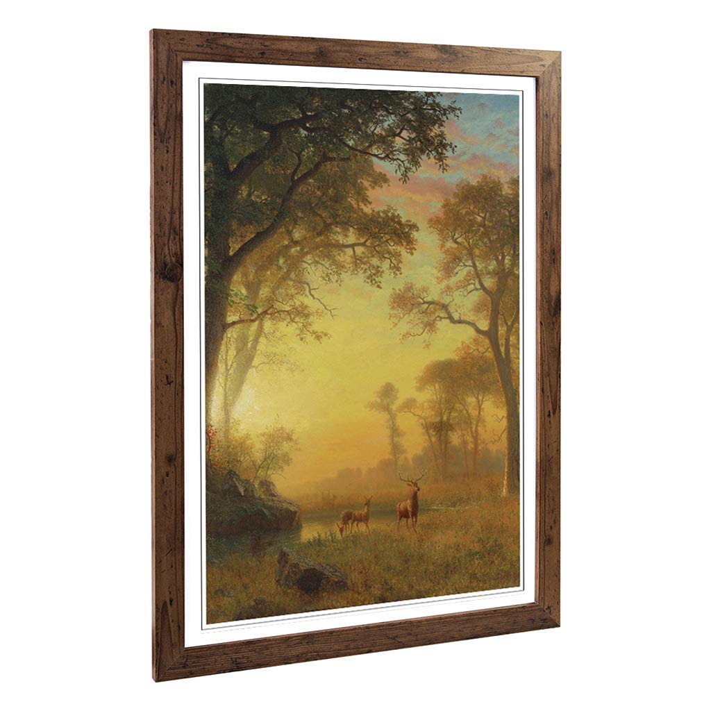 Big Box Art Framed Print of Albert Bierstadt Sunset River with Deer Design | Wall Art Picture | Home Decor for Kitchen, Living Room, Bedroom, Hallway, Walnut, A2 / 24.5x18 Inch / 62x45cm